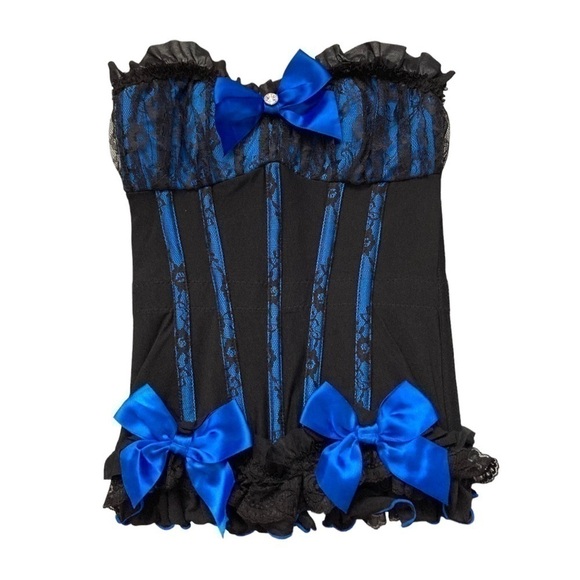𝅺COQUETTE blue and black lace bustier corset top with ruffles and bows - Picture 2 of 14